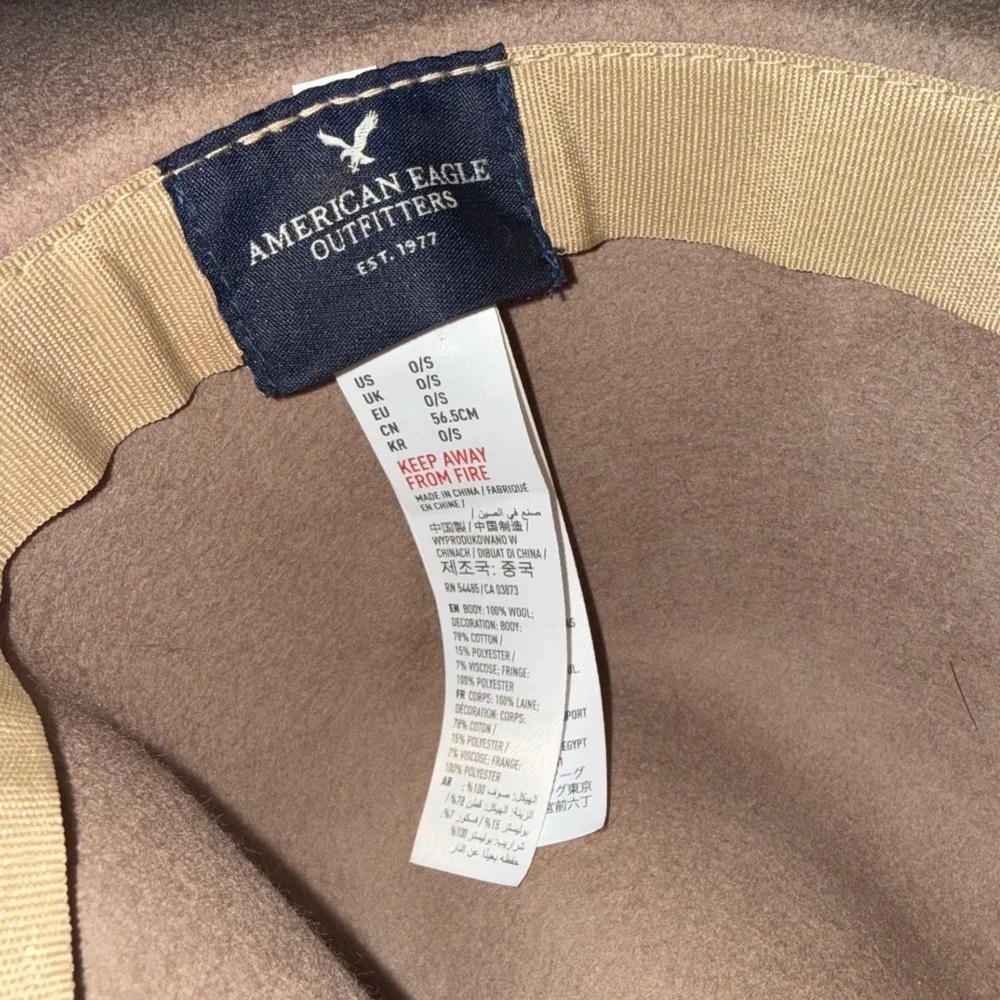 American Eagle Tan Wool Wide Brim Fedora Hat with Black Tassel Braided Band O/S